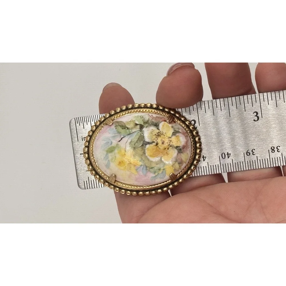 Vintage Porcelain Floral Brooch Gold Tone Oval Hand Painted Flowers